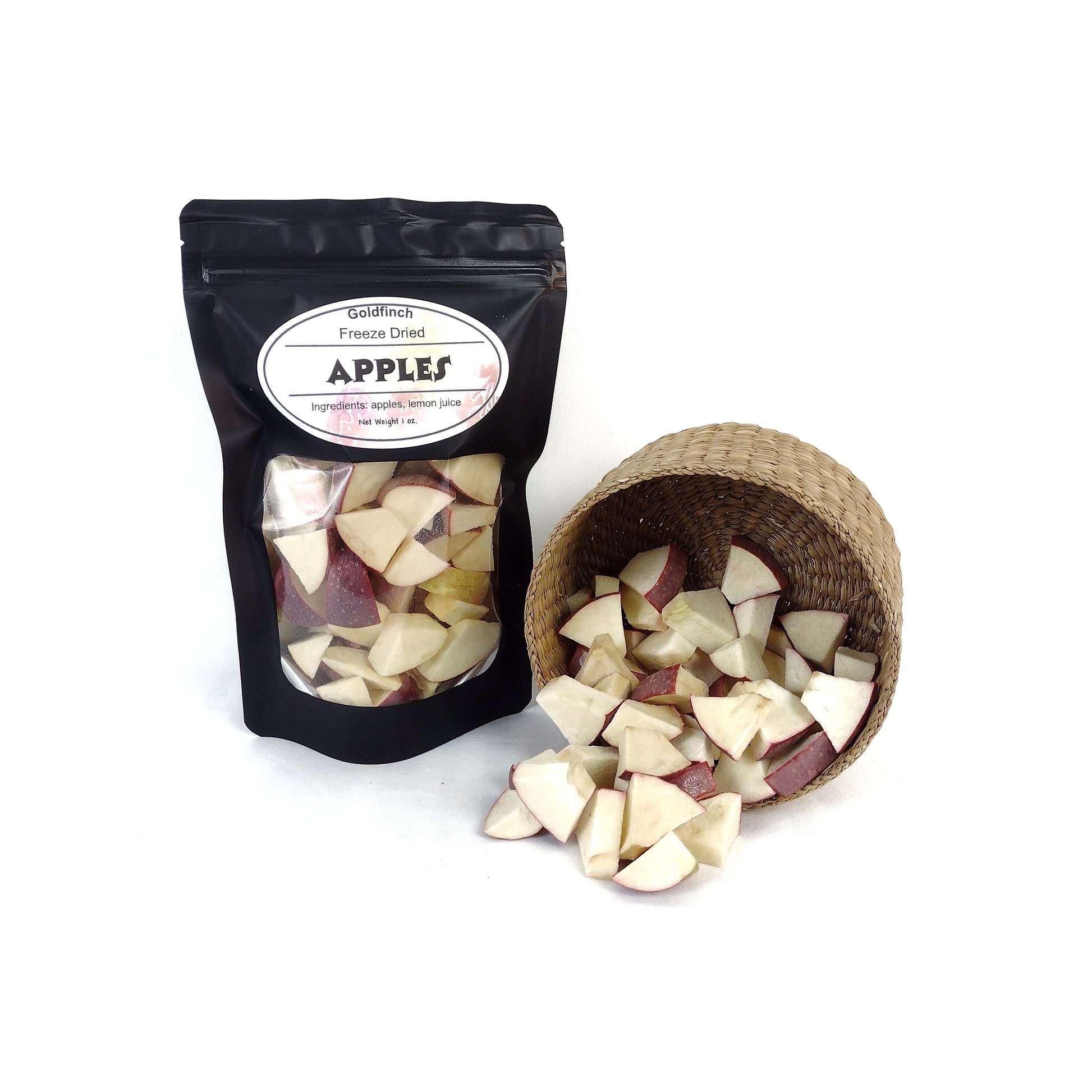 Snack Awhile freeze dried apples spilling from a basket